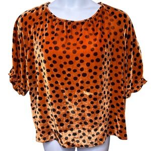 MADEWELL Orange Polka Dot Velvet Top Sz 2X Ruffle Sleeve Boho-Chic Retro Texture